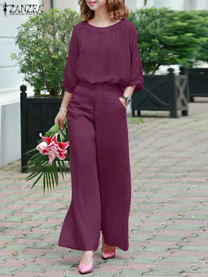 ZANZEA Autumn 2PCS Outfits Fashion Women Two Pieces Sets O Neck Long Sleeve Blouse Pant Sets Casual Solid Loose Work Tracksuits