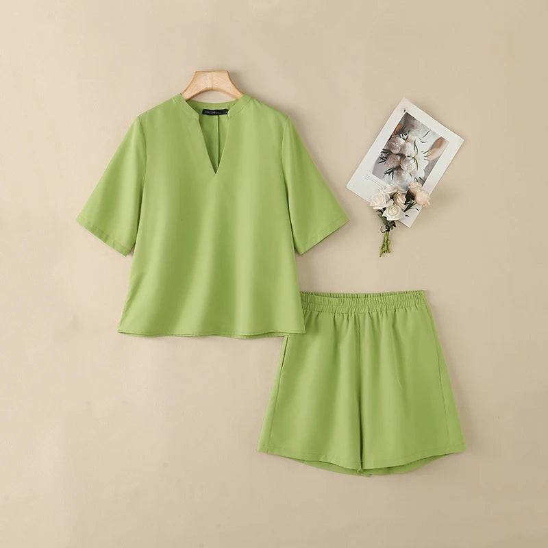 ZANZEA Fashion Women 2 Pieces Sets 2PCS V Neck Short Sleeve Blouse Short Sets Casual Solid Color OL Work Outfit Summer Tracksuit