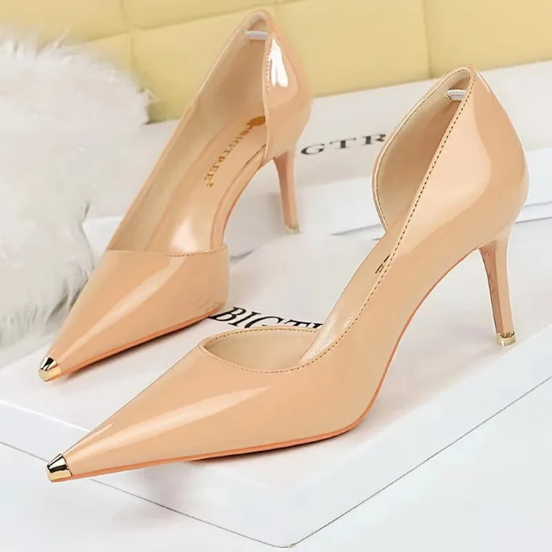 Patent Leather Shoes Women Pumps Metal Tip High Heels 7 Cm And 10.5 Cm Stilettos Sexy Party Shoes Kitten Heels Lady Office Shoes