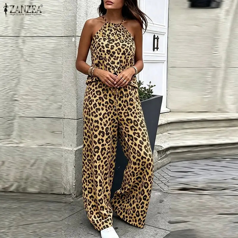 Stylish Women 2 Pieces Sets Leopard Print Holiday Outfits ZANZEA Summer Halter Sleeveless Tanks Tops Beach Pant Sets Streetwear