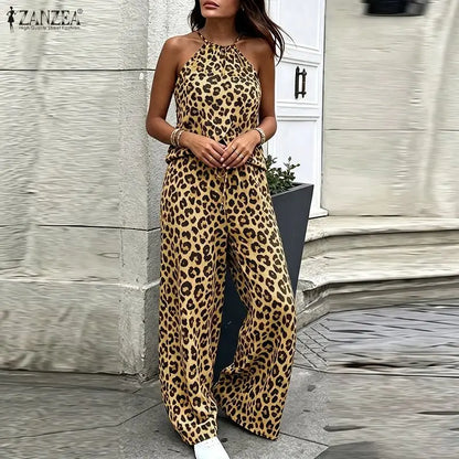 Stylish Women 2 Pieces Sets Leopard Print Holiday Outfits ZANZEA Summer Halter Sleeveless Tanks Tops Beach Pant Sets Streetwear
