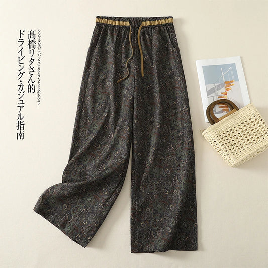 Cotton and Linen Printed Casual Pants Women's Summer New Arrival Fashionable Retro Elegant Drawstring High Waist Wide Leg Pants