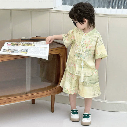 Short Sleeve Tops Shorts 2 Piece Set Boy Outfit Casual Kids Clothes Baby Tang Hanfu Suit Boys Costume Children's Sets Summer