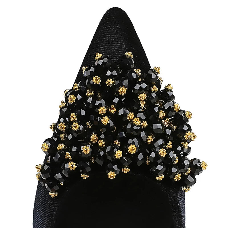 New Beaded Metal Flower Women Pumps Luxury Banquet Shoes Women 7 Cm Heels Stiletto Suede Kitten High Heels Female Party Shoes
