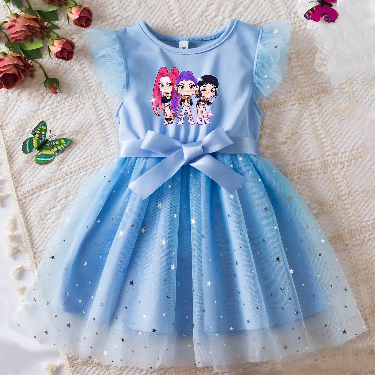 K-Pop Hunters Zoey Rumi Girls Sequin Tutu Dress with Bow Flutter Sleeves Summer Princess Party Outfit for Toddler Kids 2-6Y