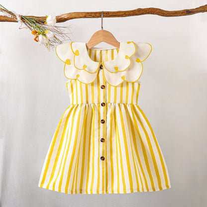 (5120) Little Girls' Summer Fresh and Energetic Multi-Colored White Striped Dress with Doll Collar and Bow Embroidery, in a Retro Cute Style, Suitable for Amusement Parks, Theme Parties, Vacations, and Gatherings.