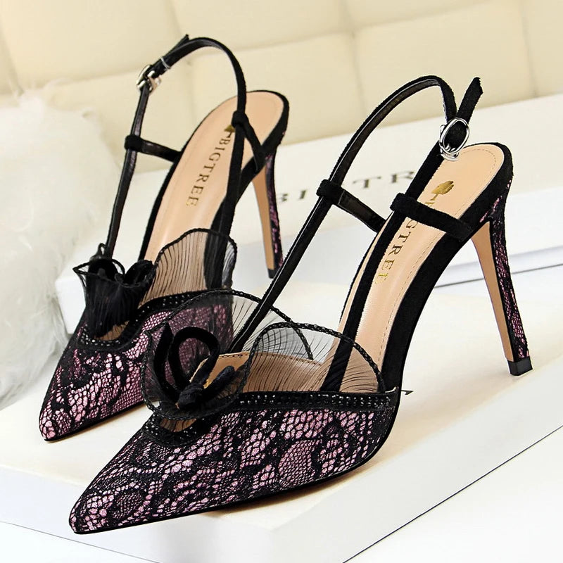 BIGTREE Shoes Fashion Women Sandals Mesh Lace Sexy High Heels 9 Cm Women Pumps Stilettos Summer Heeled Sandals Plus Size 42 43