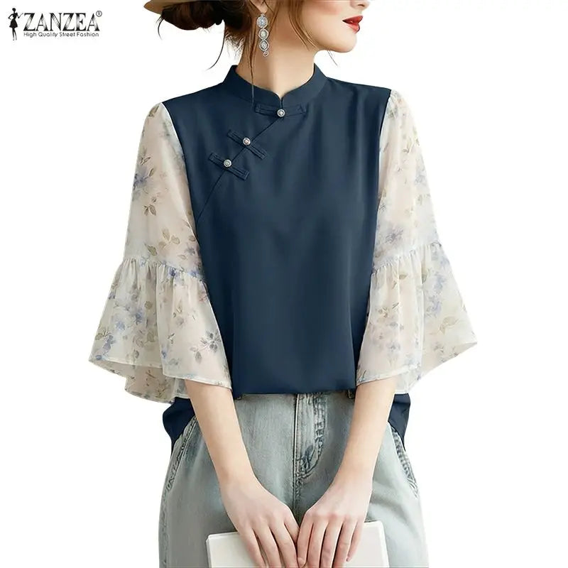 ZANZEA Woman Elegant Blouses Vintage Mandarin Collar Floral Printed 3/4 Flare Sleeve Tunic Tops Summer Patchwork Blusas de Mujer