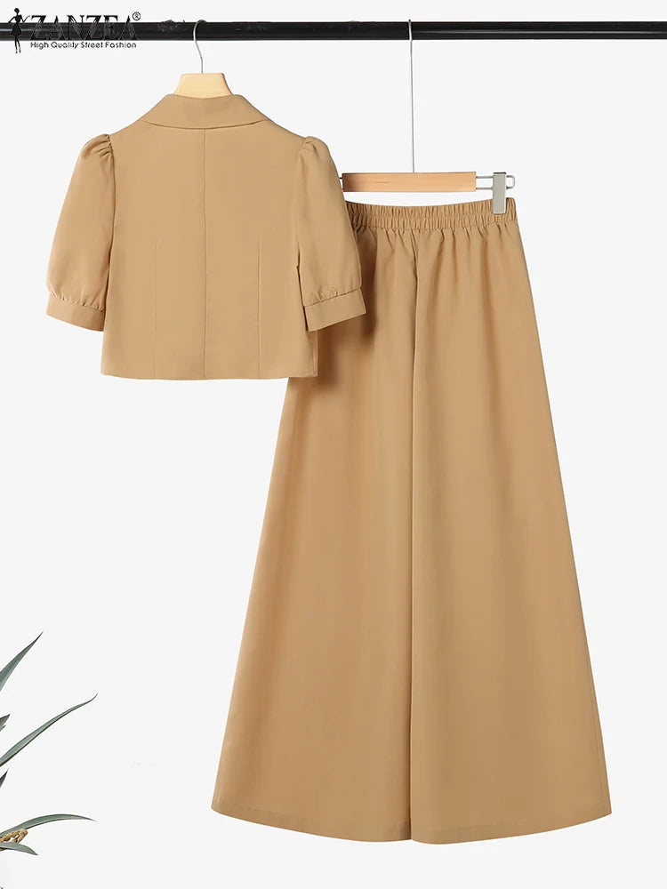 Summer Office Women Two Pieces Sets ZANZEA Elegant OL Work Pant Sets Short Sleeve Cropped Blouse Wide Leg Trousers 2PCS Outfits