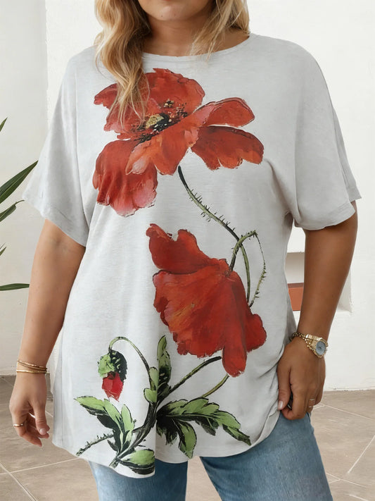 Plus Size Ladies Printed T-Shirt Loose Fit Multi-color Casual Short Sleeve O-Neck Daily Wear Tees