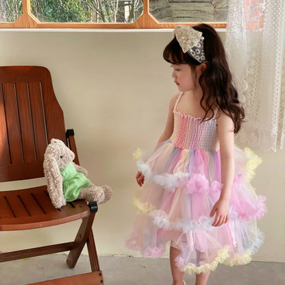 Girl's Rainbow Sling Princess Dress Western Style New Summer Baby GirltutuBirthday Cake Tulle Tutu Dress