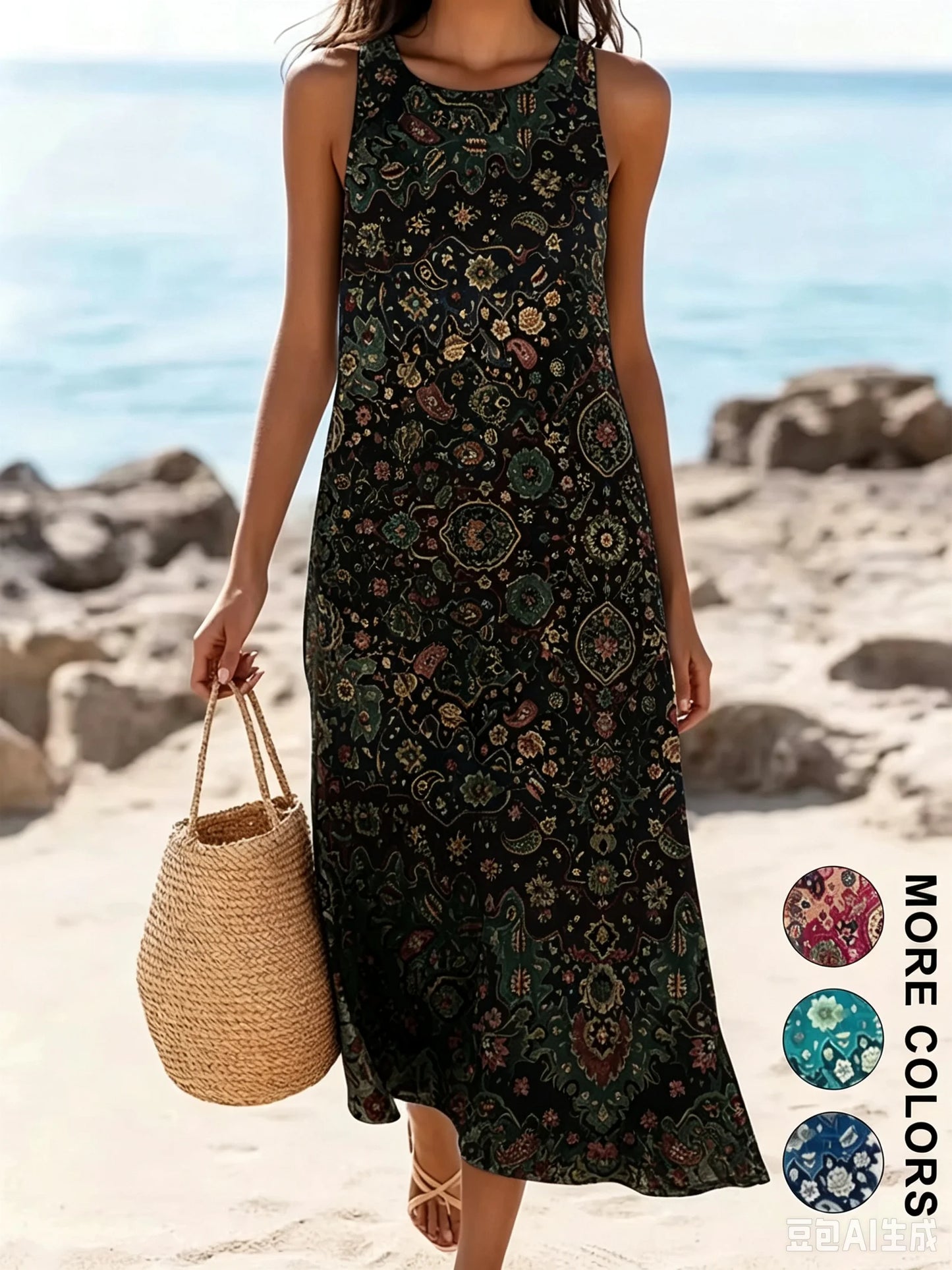 2026 Women's Sleeveless Bohemian Floral Casual Beach MIDI Sundress With Pockets Flowing and Loose Sweetheart Rustic Country