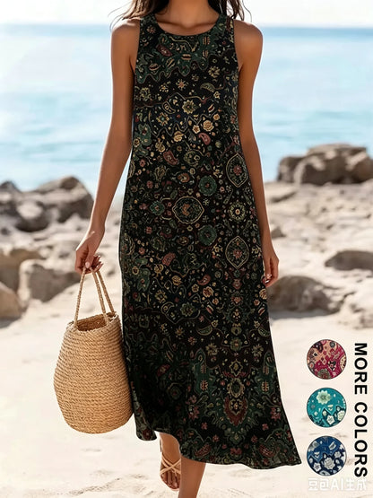 2026 Women's Sleeveless Bohemian Floral Casual Beach MIDI Sundress With Pockets Flowing and Loose Sweetheart Rustic Country