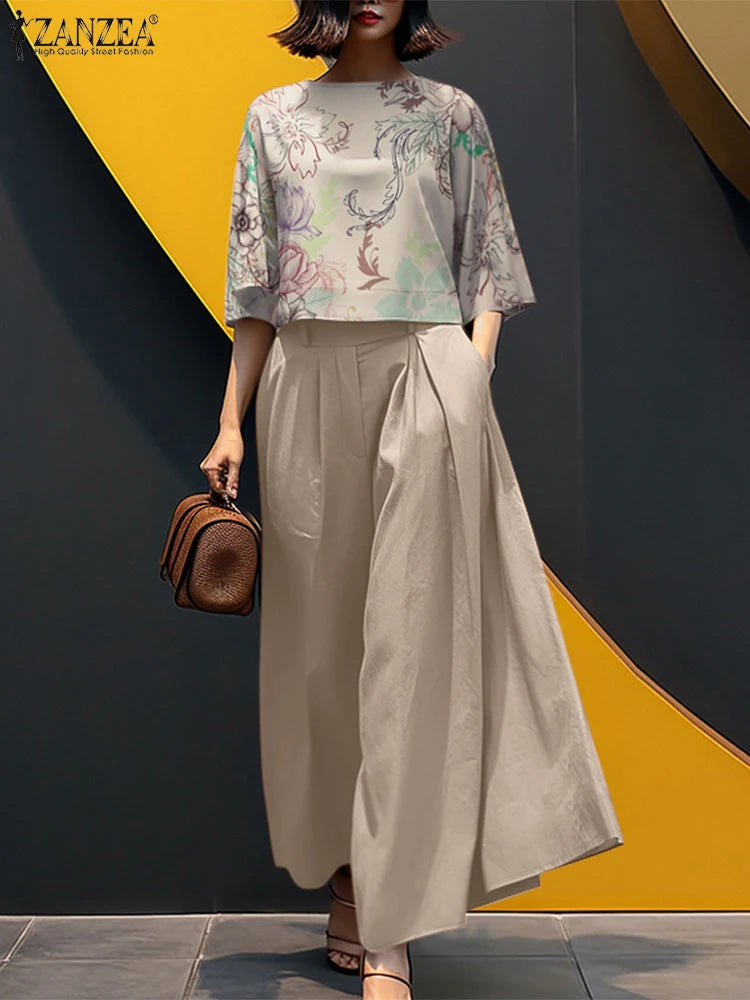 2026 ZANZEA Summer Pant Sets Fashion 2PCS Women Matching Sets O Neck 3/4 Sleeve Blouse Wide Leg Trousers Suit Casual Outfits