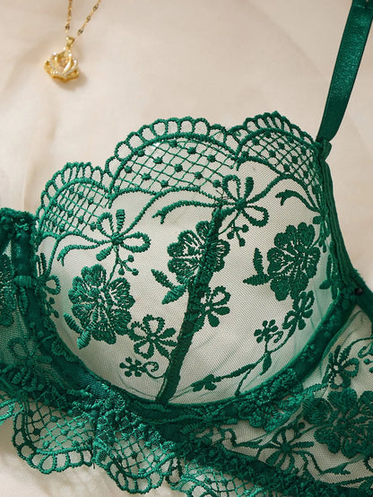 Sexy Dark Green Floral Lace Lingerie Set Sheer Mesh Longline Underwire Bra Adjustable Panty See Through Underwear