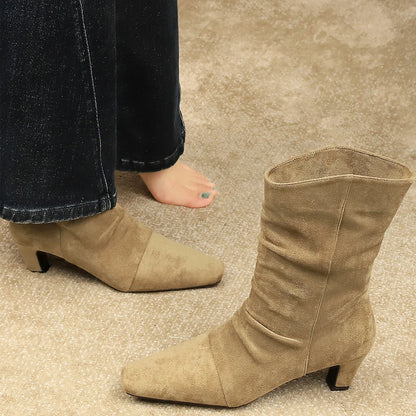 Retro Style Square Toe Western Cowboy Boots Women Shoes Suede Pleated Mid-Calf Boots Chunky Heel High Heel Boots Winter Shoes