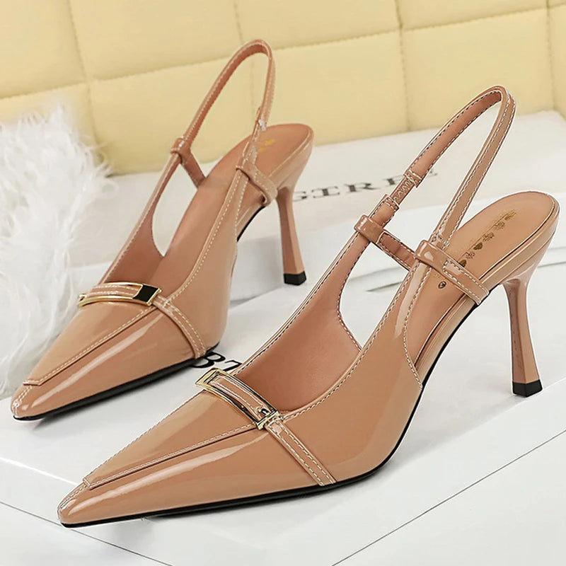 New Design Women Pumps Patent Leather High Heels Metal Buckle Women Shoes Summer Hollow Out heeled Sandals Stilettos Heels 8 cm