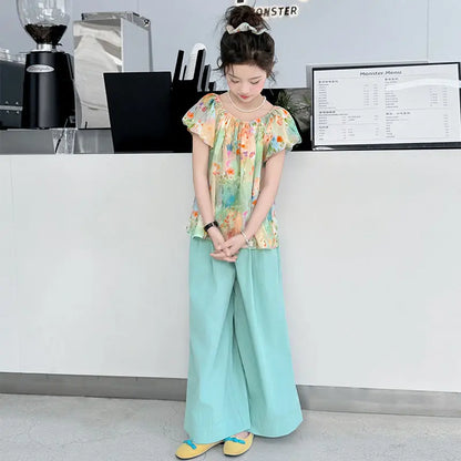 Child House Clothing Junior Top and Bottom Set Girls' Summer Clothes Children Teenage Girl Outfit 10 12 Years Old T-shirts Kids