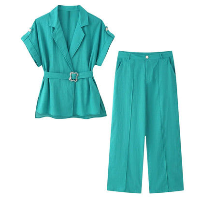 KONDALA Women Office Lady Trendy Pants Set Casual Belt Shirts Long Pants New Fashion 2026 Summer Fall Holiday Commute Party Set