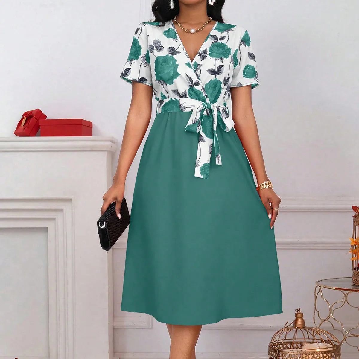 Women's Floral Print V-Neck Tie Waist Midi Dress - Rose Patchwork A-Line Short Sleeve Dress for Casual, Vacation & Wedding Guest
