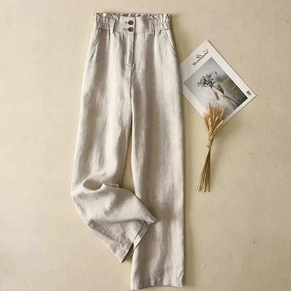 Summer Thin High Waisted Flax Wide Leg Pants Female Solid Color Flower Bud Waist Straight Leg Trousers Lady Cotton Linen Pant