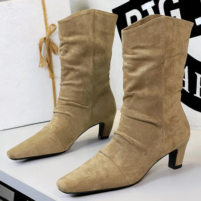Retro Style Square Toe Western Cowboy Boots Women Shoes Suede Pleated Mid-Calf Boots Chunky Heel High Heel Boots Winter Shoes