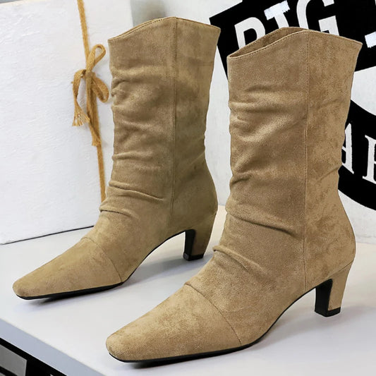 Retro Style Square Toe Western Cowboy Boots Women Shoes Suede Pleated Mid-Calf Boots Chunky Heel High Heel Boots Winter Shoes
