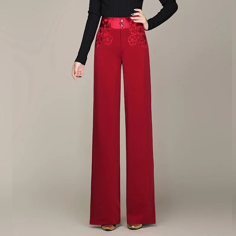 Women's High Waisted Straight Leg Long Pants Middle Aged Office Lady Elegant Embroidered Trousers Oversize 6XL Dropshipping