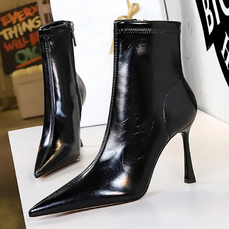 BIGTREE Shoes Women Leather Boots Sexy Women's Ankle Boots High Heels Plush Warm Autumn Winter Shoes Stilettos Short Boots Lady