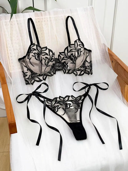 Women Black Floral Embroidery Lingerie Set Sheer Mesh Underwire Bra Side Tie Thong 2 Piece Sexy Transparent Intimate Outfit