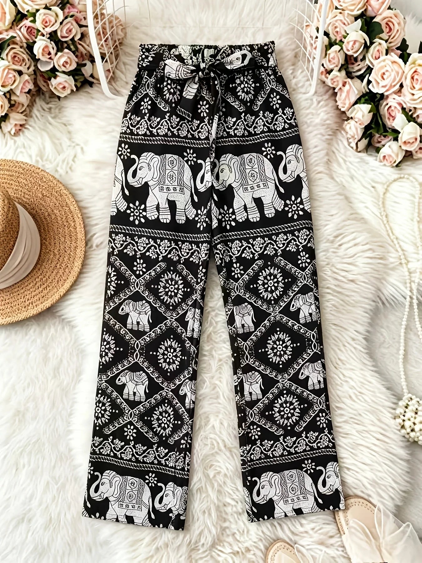 Black & White Elephant Print Tie-Waist Wide Leg Pants, Ethnic Style, Vacation Casual Trousers