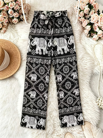 Black & White Elephant Print Tie-Waist Wide Leg Pants, Ethnic Style, Vacation Casual Trousers