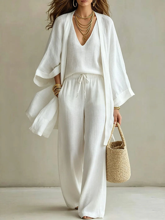 Women Fashion 3-Piece Set Open Front Cardigan Wide Sleeves Matching V-Neck Vest Drawstring Waist Wide Leg Pants Casual Outfit