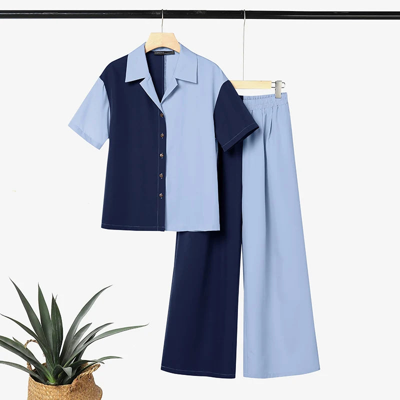 ZANZEA Stylish Lapel Neck Short Sleeve Shirt Wide Leg Pant Sets Summer 2 Pieces Sets Women Patchwork Outfit OL Work Tracksuits