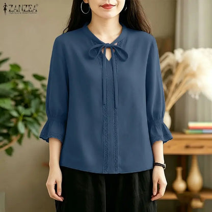 ZANZEA Women Elegant Lace Paneled Blouses Lace-Up V-Neck 3/4 Sleeves Tops Summer Daily Casual Solid Color Blusas de Mujer