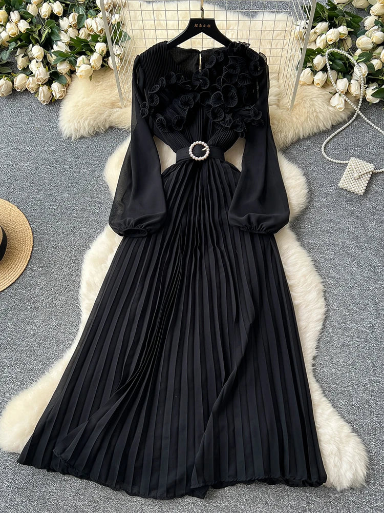 2026 Spring Autumn Fashion Elegant Dress for Women New French Mushroom Edge Crimping Loose Chiffon Long Sleeve Long Dress C141