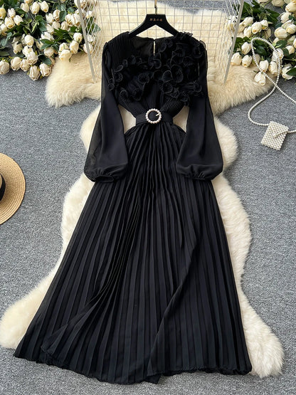 2026 Spring Autumn Fashion Elegant Dress for Women New French Mushroom Edge Crimping Loose Chiffon Long Sleeve Long Dress C141