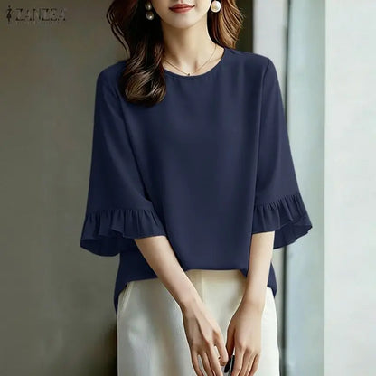 ZANZEA Women's Elegant Blouses 3/4 Flared Sleeve O-Neck Pullover Tops Summer Minimalist Casual Solid Color Blusas de Mujer