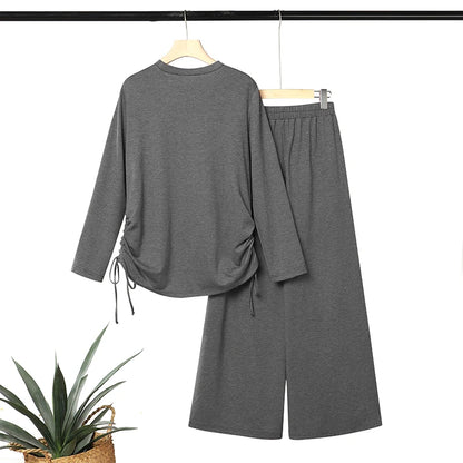 ZANZEA Autumn Long Sleeve Side Tie Knit Tops With Wide Leg Pants Women Muslim 2 Piece Sets Modest Casual Solid Islamic Outfits