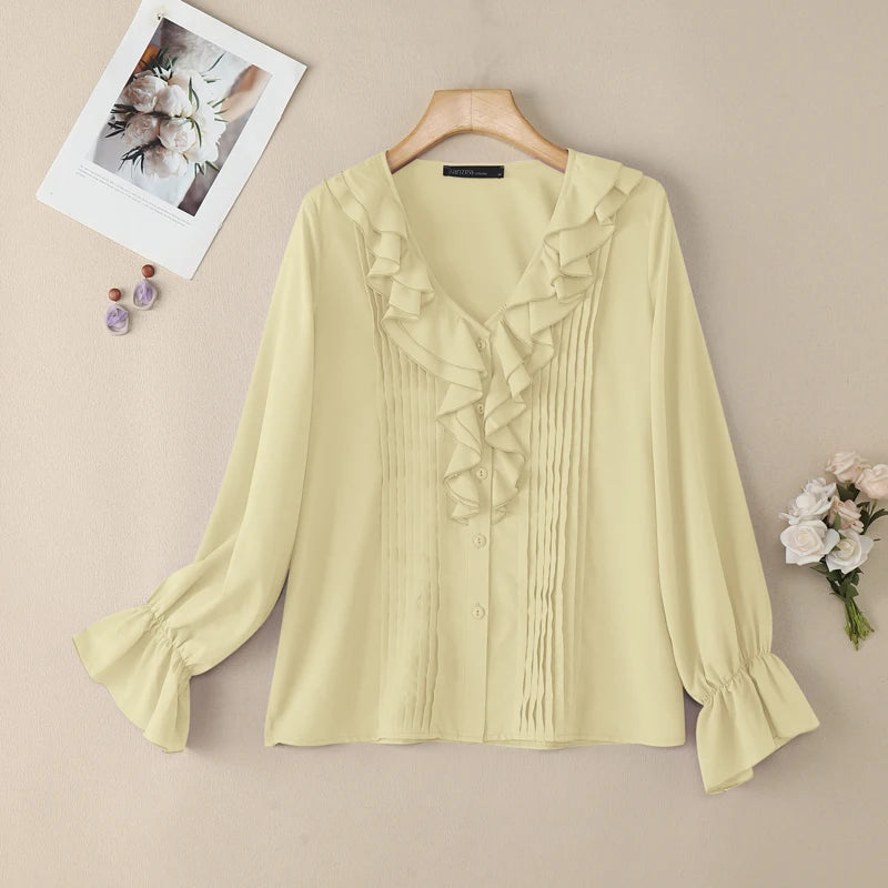 ZANZEA Elegant Ruffles Trim Women's Shirts Classy V-Neck Flared Sleeves Pintuck Detailed Button Up Purple Blouses Woman Clothes