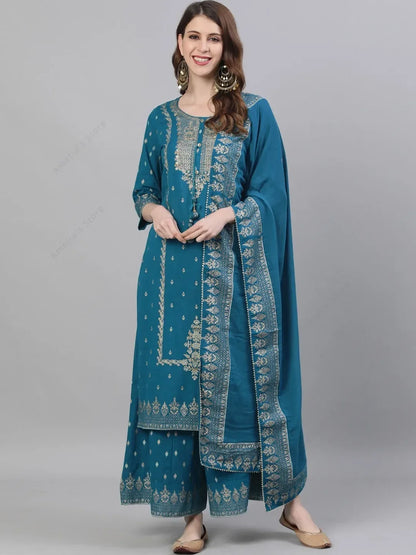 Indian Women's Punjabi Suit 3-Piece Set Cotton Floral Print Kurta Dupatta Ethnic Salwar Kameez for Wedding Diwali Daily Wear