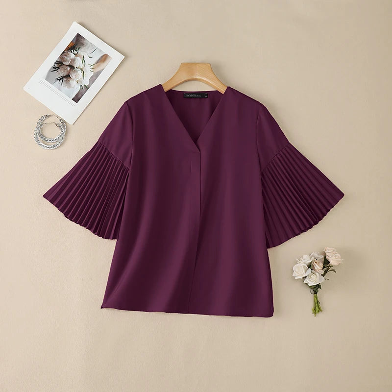 ZANZEA Women's Elegant Blouses Pleated Bell Sleeve V-Neck Loose Pullover Tops Summer Daily Casual Solid Color Blusas de Mujer