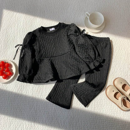2026 Autumn New Children Long Sleeve Clothes Set Girls Cute Bow Loose Tops + Flared Trousers 2pcs Suit Kids Girls Outfits