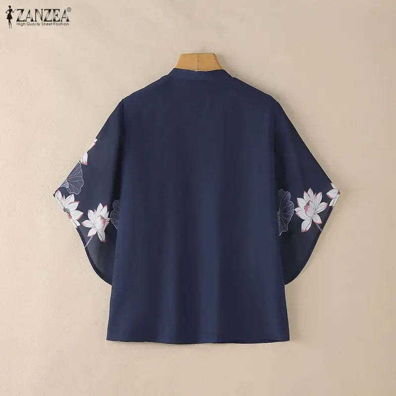 ZANZEA Floral Print Patchwork Casual Blouses for Woman V-Neck 3/4 Sleeve Blusas de Mujer Spring Summer Elegant Loose Tunic Tops