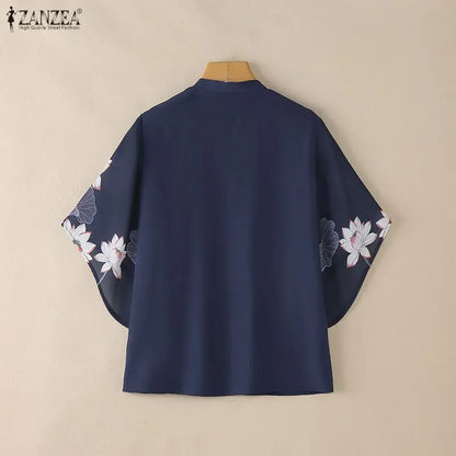 ZANZEA Floral Print Patchwork Casual Blouses for Woman V-Neck 3/4 Sleeve Blusas de Mujer Spring Summer Elegant Loose Tunic Tops