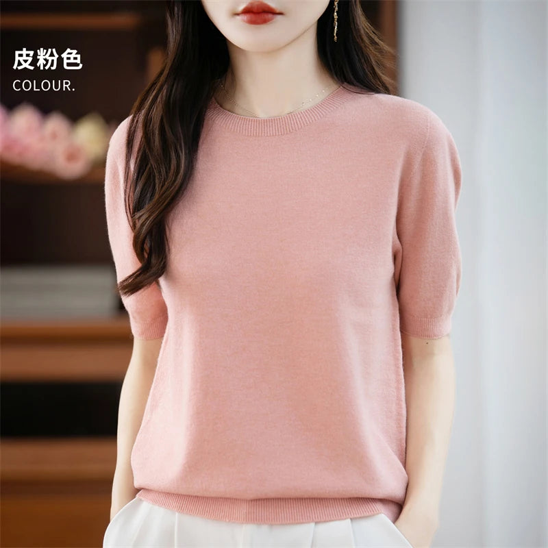 Autumn Women 100% Merino Wool Sweater O-Neck Cashmere Pullover Basic Fashion Short Sleeve Clothing Comfort Top Casual Solid