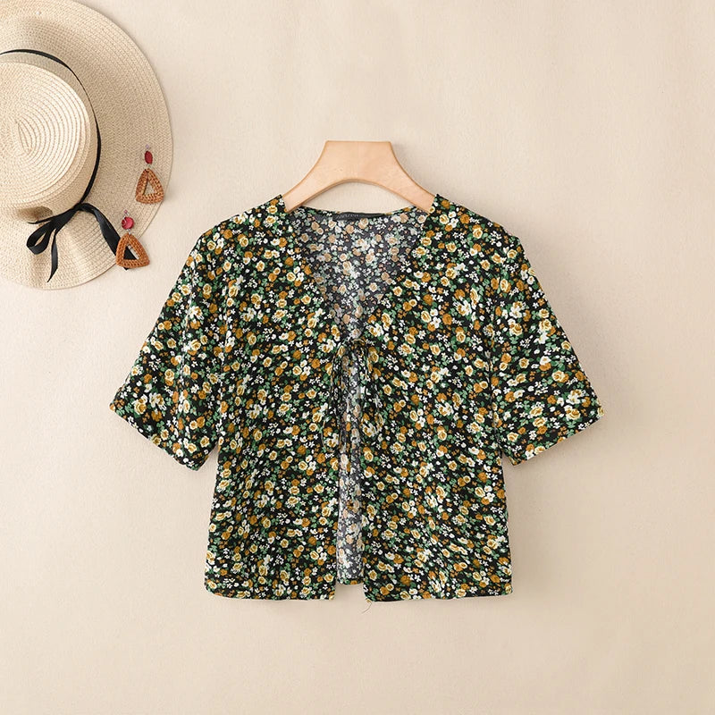 ZANZEA Women Fashion Floral Print Cardigans V-Neck Short Sleeve Lace-Up Front Cover-Up 2026 Summer Vacation Streetwear Short Top