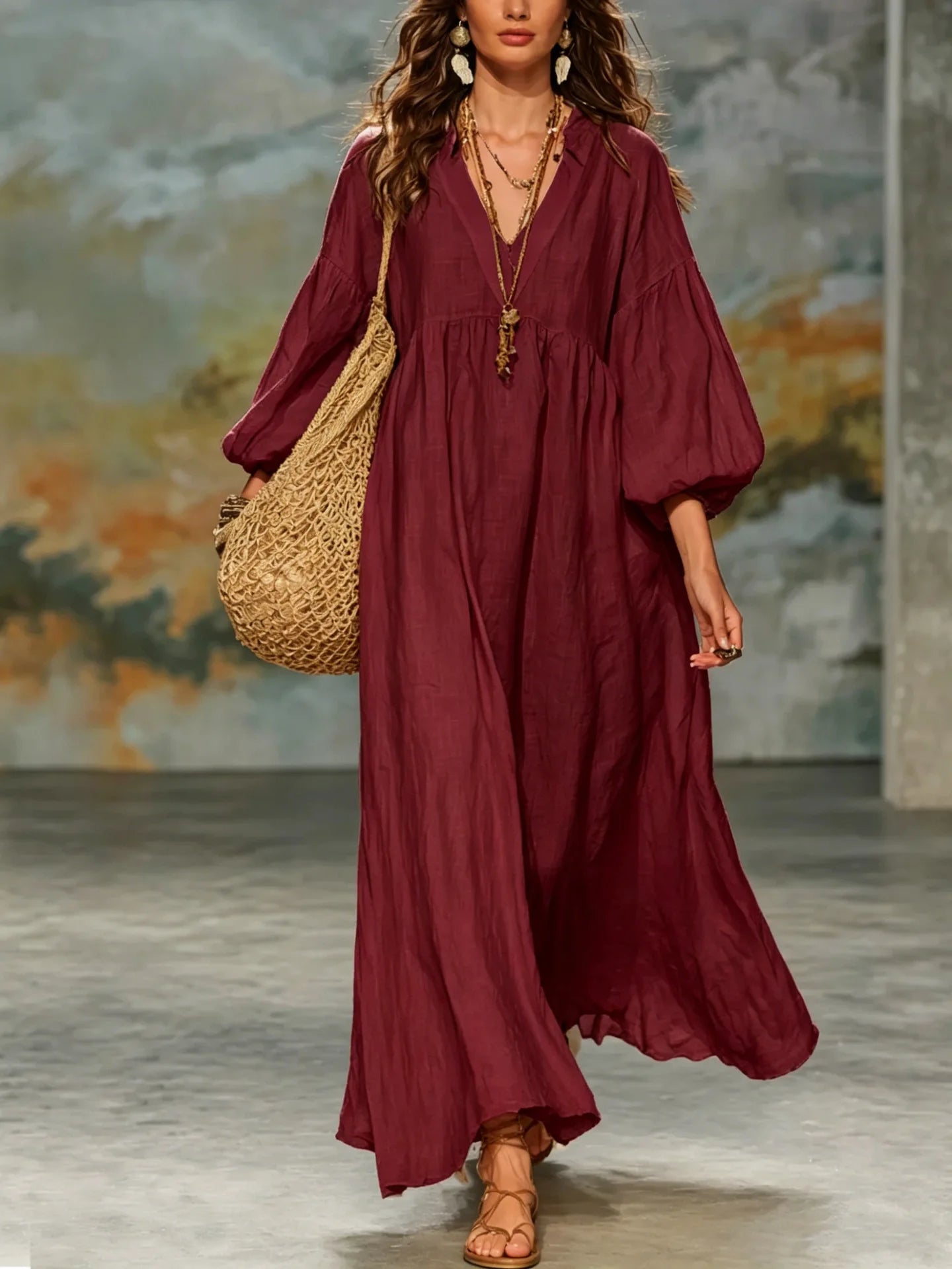 V Neck Puff Sleeve Linen Maxi Dress, Multi Color Loose Flowy Boho Dress for Women, Breathable Casual Beach Vacation Outfit