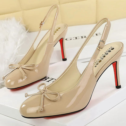 BIGTREE Shoes Round Head High-heeled Sandals Summer Shoes Stilettos 8 cm Heels Women Pumps Bowknot High Heels Patent Leather