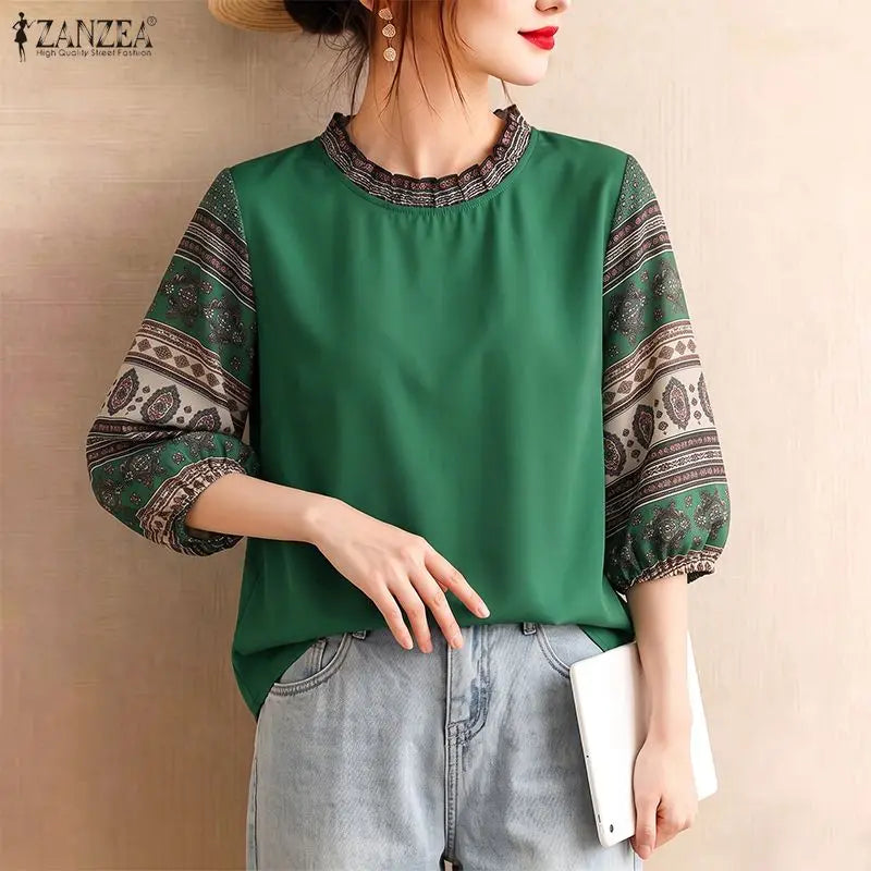 ZANZEA Woman Vintage Blouses Geometric Print Patchwork Lantern Sleeves Ruffled Collar Top Boemian Autumn Daily Wear Blusas Mujer